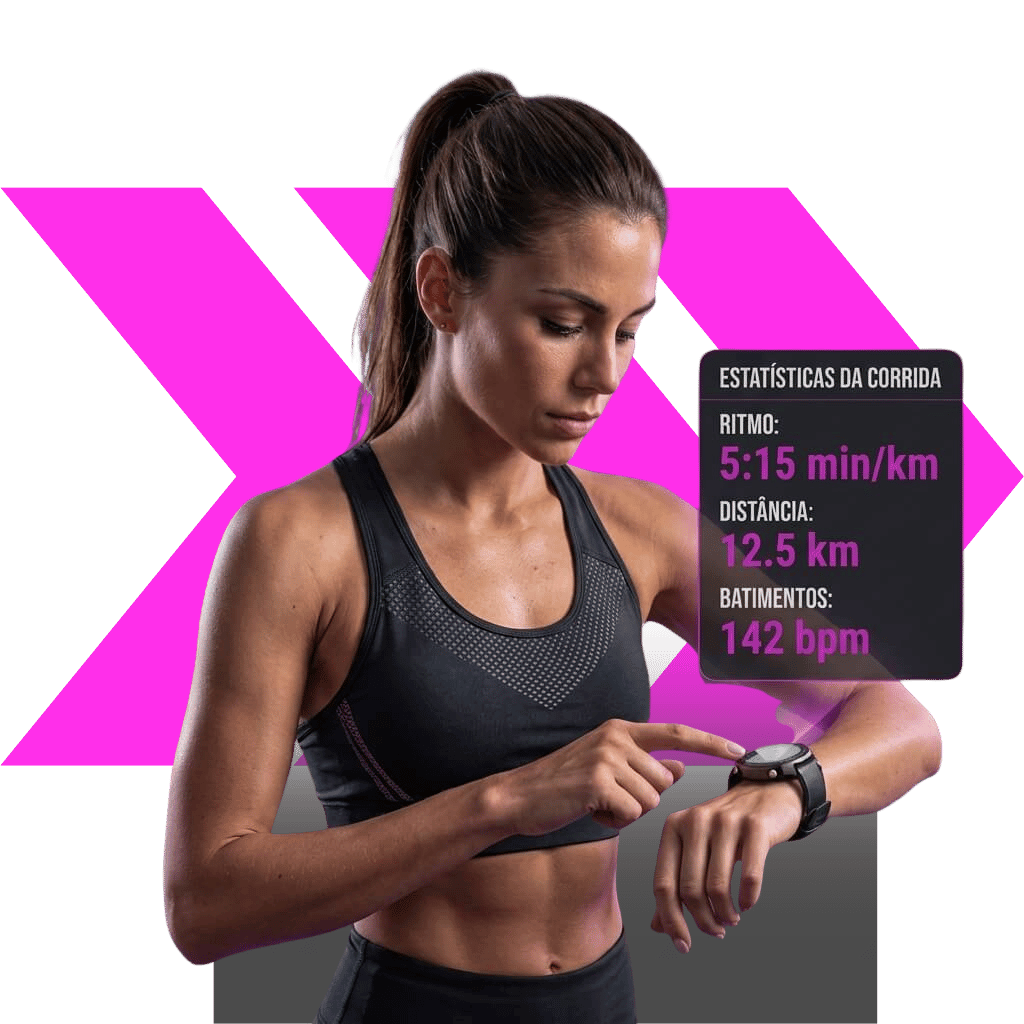 Atleta de corrida analisando métricas de performance no smartwatch